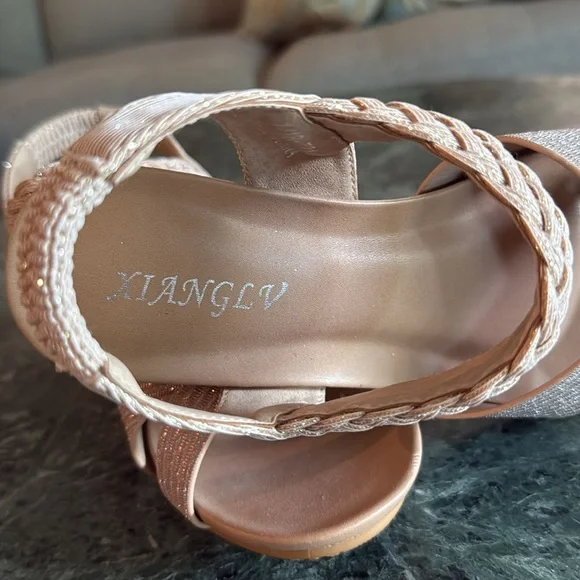 XIANGLV Women’s SZ 6 Sparkly Pale Pink Braided Stretch Strap Wedge Heel Sandals - Picture 2 of 12